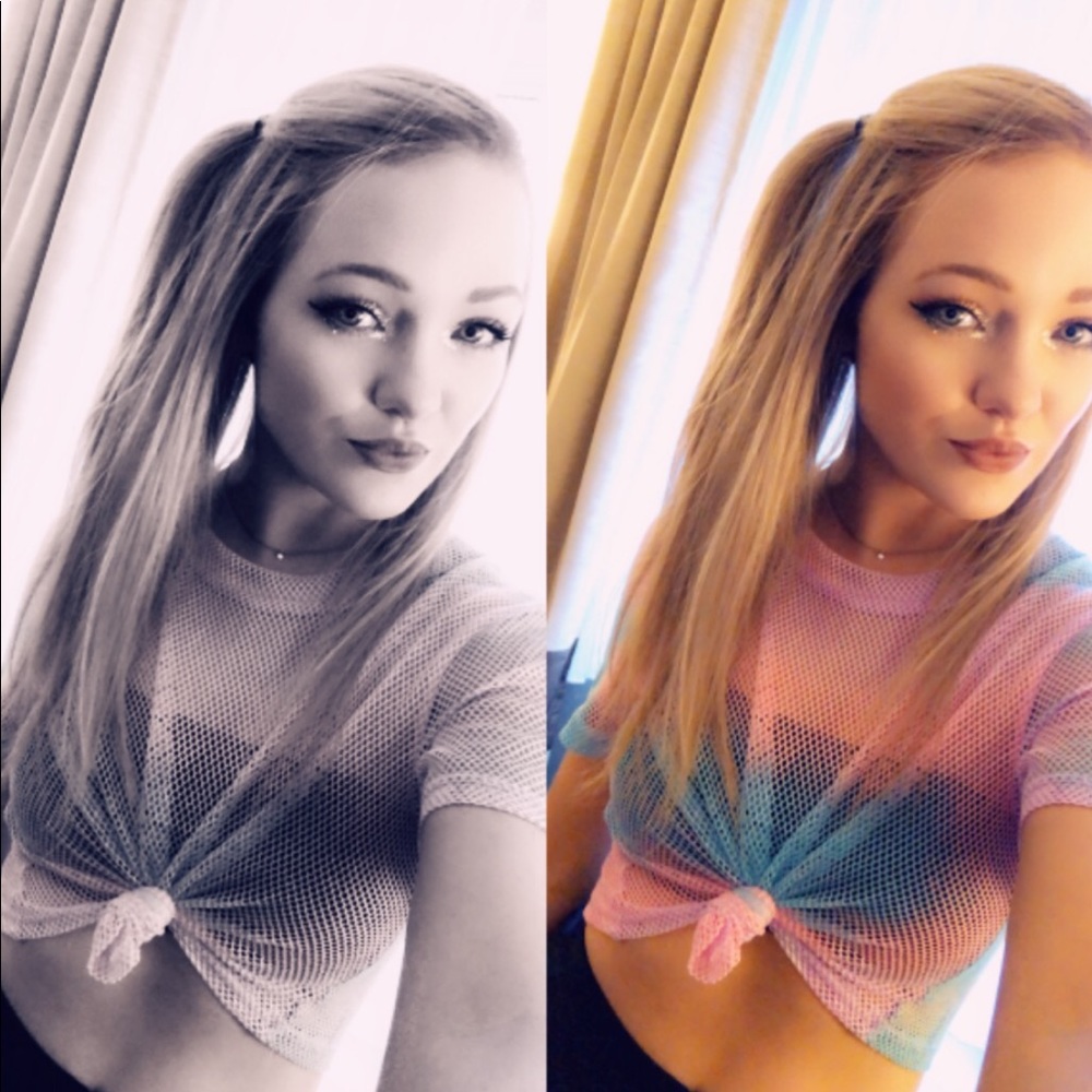 Multi-colored mesh cropped shirt.